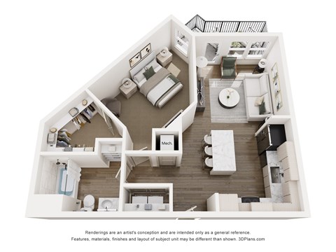 A 3D floor plan The Ashland - 1-bed 1-bath apartment with a large kitchen and island, private patio, walk-in closet and spacious layout